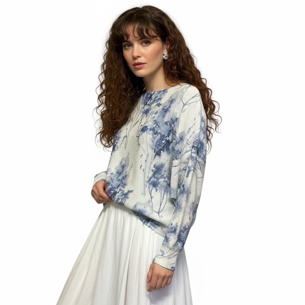Luisa Ricci Italy Floral Mesh Knit Dolman Sweater | Blue & White | Size M